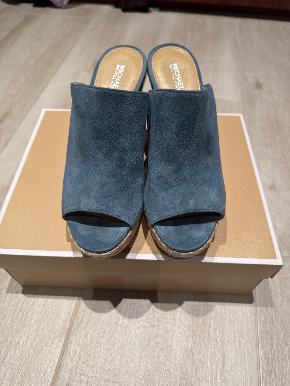 MICHAEL KORS Hastings Espadrille Mule Light Blue Denim Peep Toe Platform Wedges